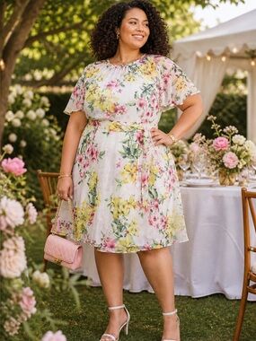 Jessica Howard NWT Floral Print Jewel Neck Tie Waist Dress Size 16W